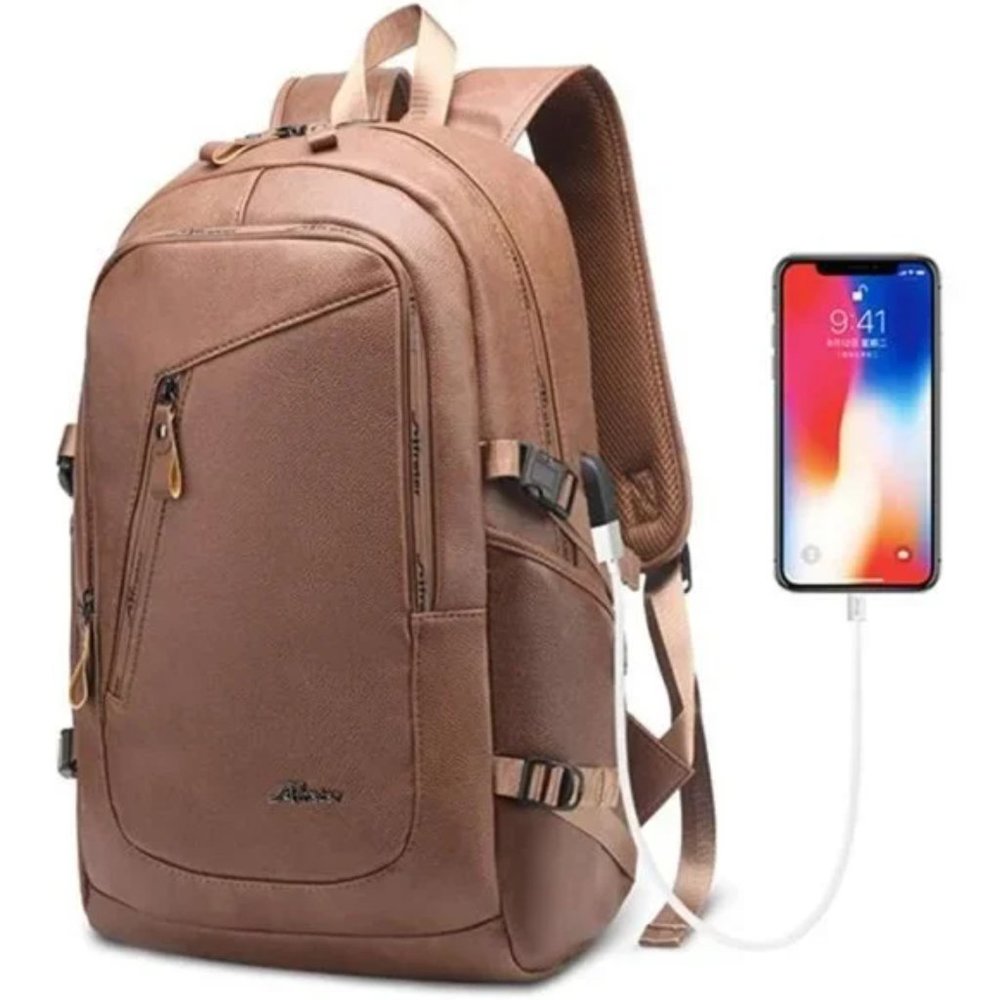 PU Vintage School Travel Daypacks with USB Charging Port 15.6 Inch Laptop Coffee